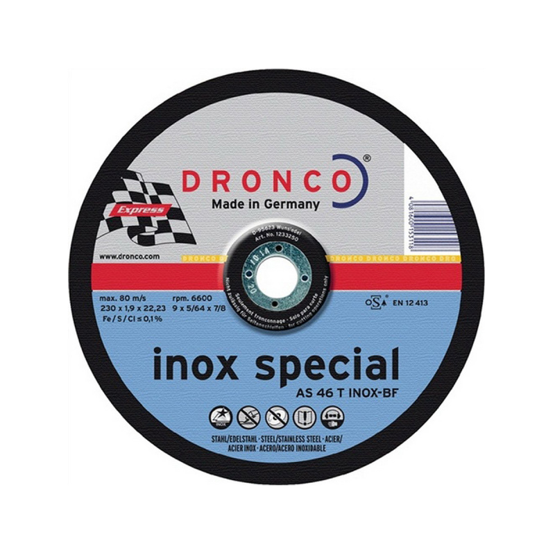 Диск отрезной по нержавейке Special INOX AS 46 230x1,9x22,23 DRONCO