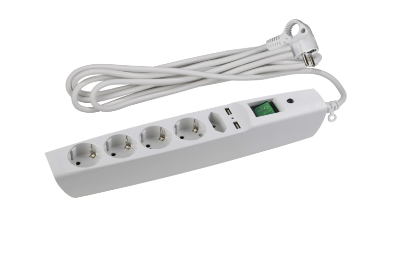 Фильтр сетевой ЭРА SFU-5es-2m-W с защитой с/з с выкл. 5 розеток 2xUSB 2м 10А белый