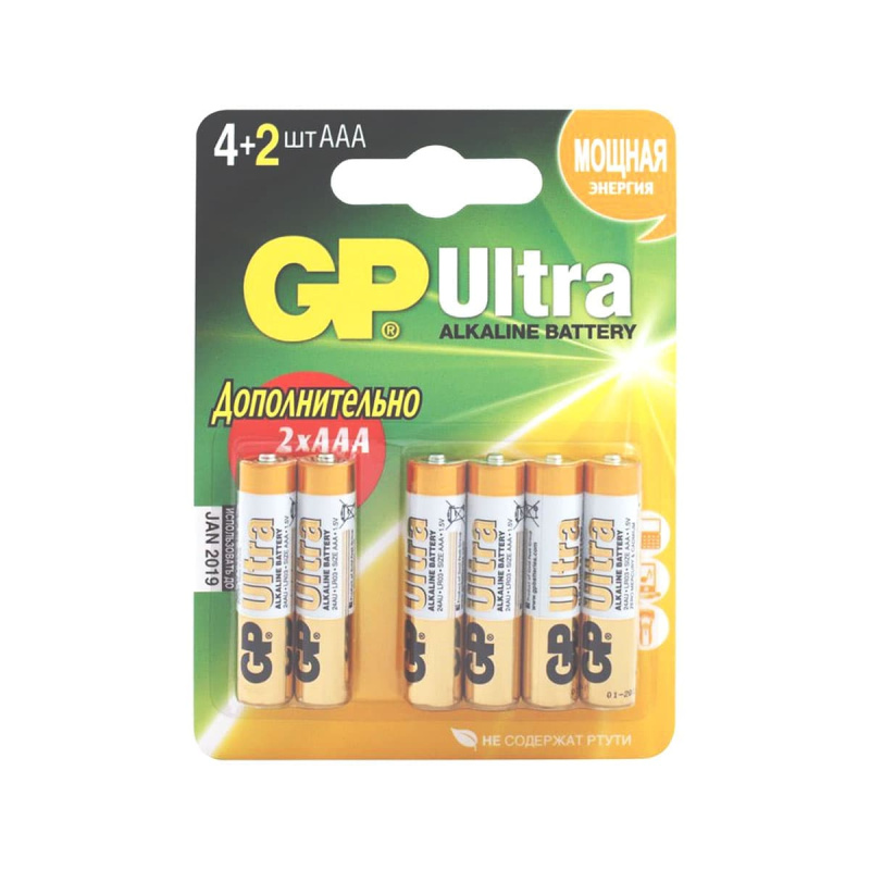 Батарейка алкалиновая GP Ultra Alkaline 24А AАA 4+2шт промо-блистер