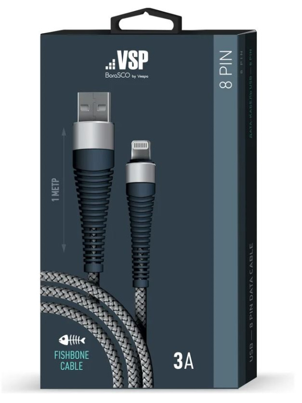 Кабель USB-Lightning BoraSCO Fishbone 3А 1м серый