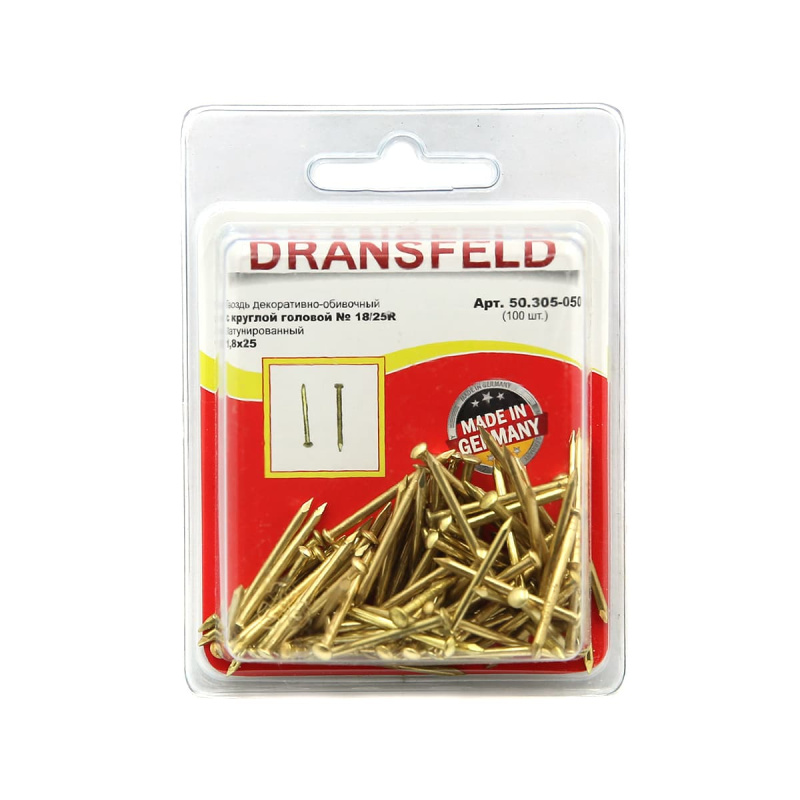 Гвоздь латунир. 1,8х25 с кругл. гол. Dransfeld № 18/25R (БЛИСТЕР-100 шт.) Я-14