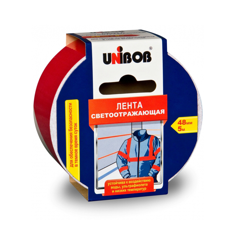 Клейкая лента светоотражающая 48мм х 5м, красно-белая UNIBOB