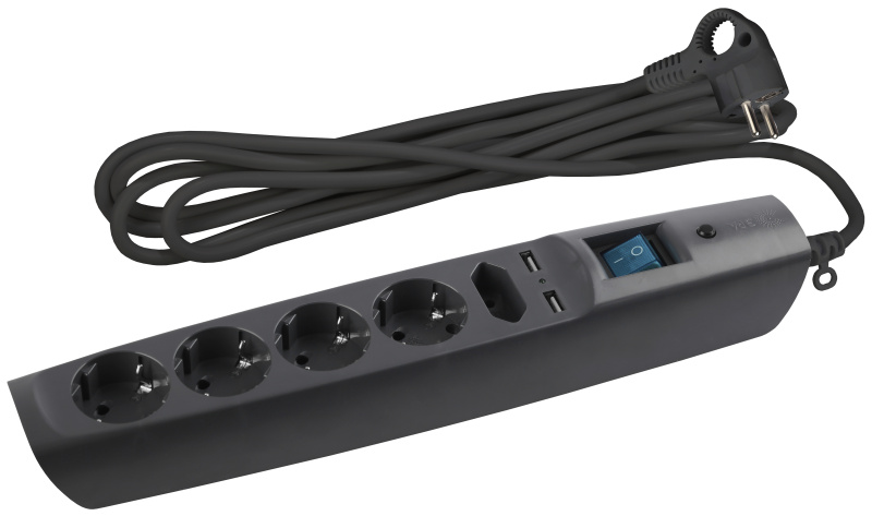 Фильтр сетевой ЭРА SFU-5es-2m-B с защитой с/з с выкл. 5 розеток 2м 2xUSB 10А черный