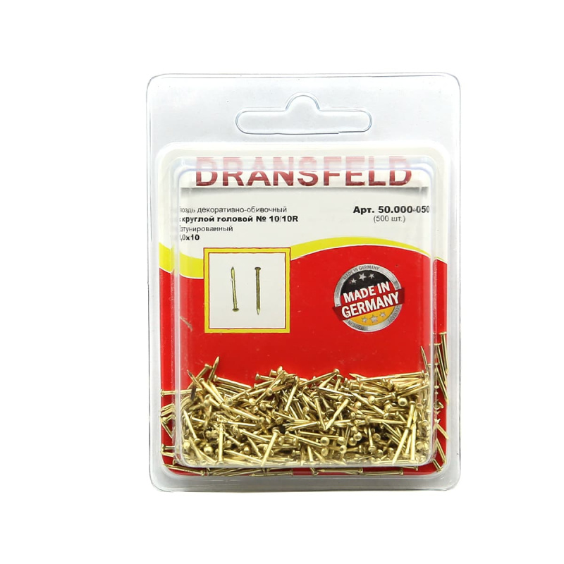 Гвоздь латунир. 1,0х10 с кругл. гол. Dransfeld № 10/10R (БЛИСТЕР-500 шт.) Я-1