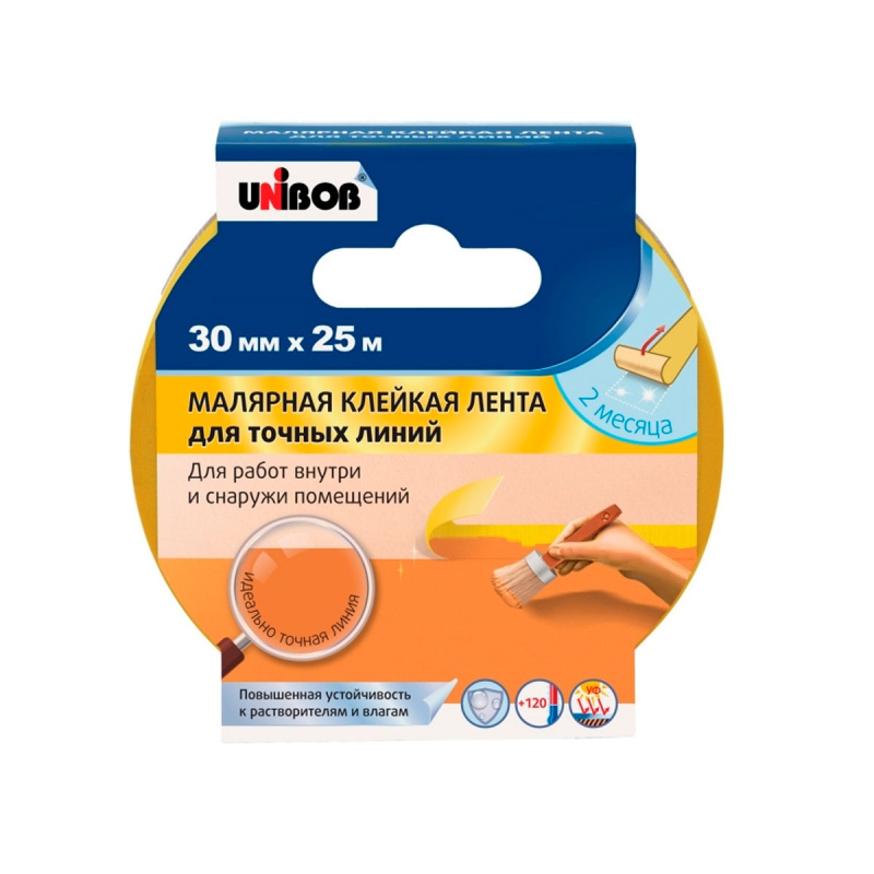 Клейкая лента малярная для точных линий UNIBOB 30мм х 25м желтая