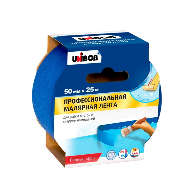 Клейкая лента профессиональная малярная д/наружных работ UNIBOB 50мм х 25м (синяя) (инд.упаковка)