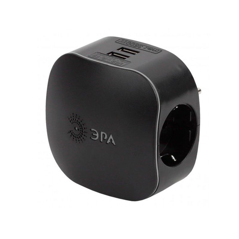Тройник ЭРА SP-3e-USB-BLACK 3гн 220V+2xUSB 2100mA c/з черный