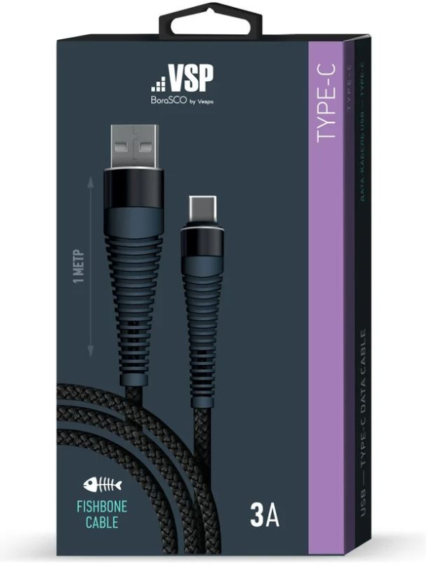 Кабель USB-Type-C BoraSCO Fishbone 3А 1м черный