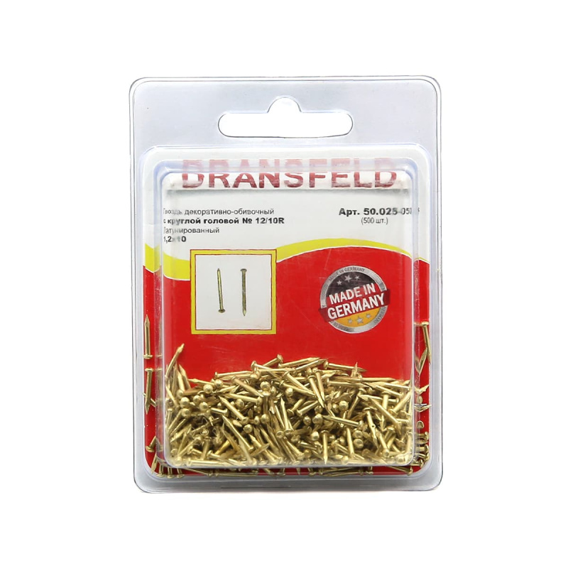 Гвоздь латунир. 1,2х10 с кругл. гол. Dransfeld № 12/10R (БЛИСТЕР-500 шт.) Я-4