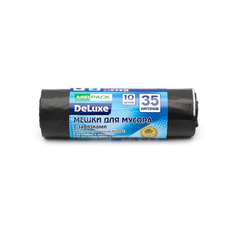 Мешки для мусора DELUXE с завязками 35л 10шт 30мкм ПСД 50х60 черный